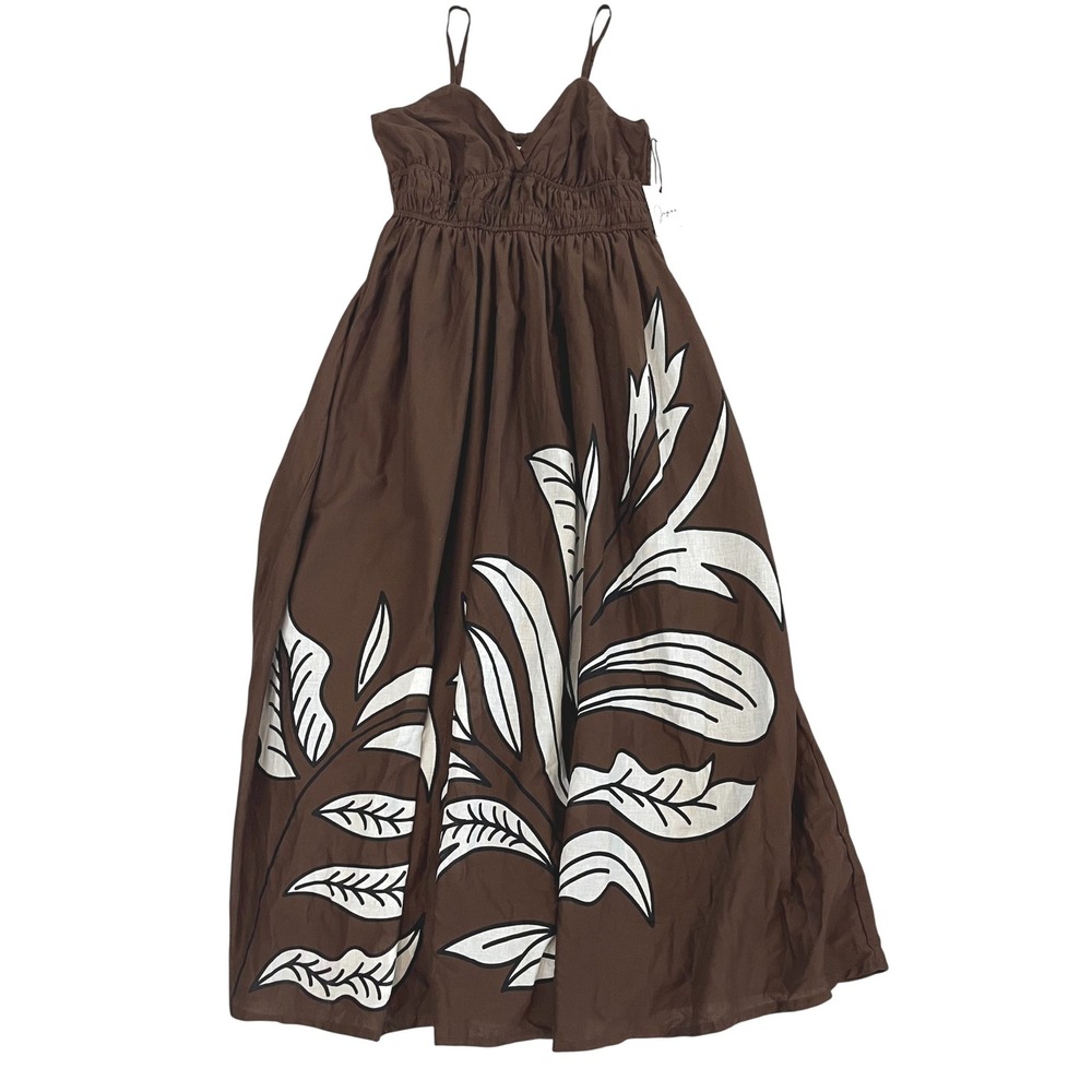 NEW Japna Brown Cotton Tropical Leaf Print Smocked Maxi Dress Womens Size Medium